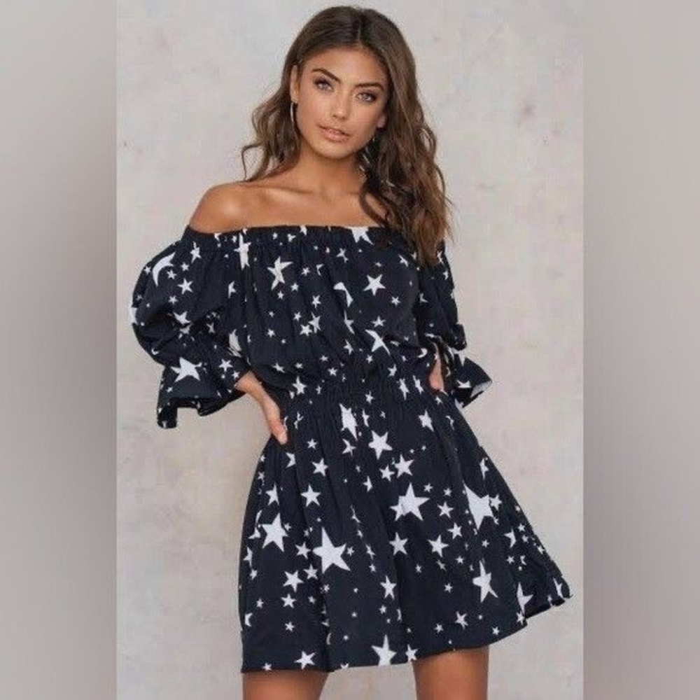 Black and White Smocked Off-Shoulder Mini Dress